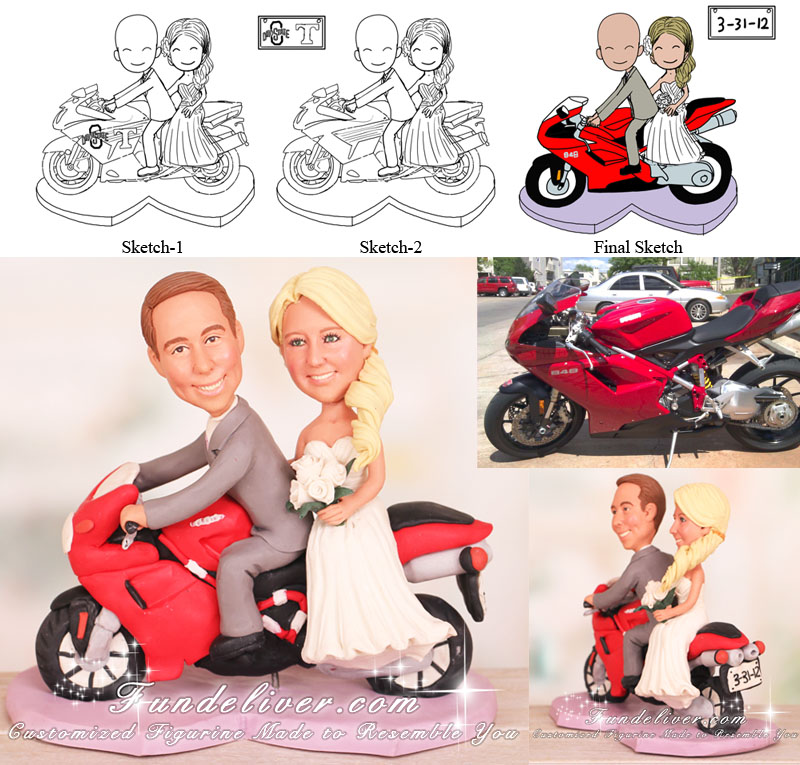 Bride and Groom Riding Ducati Motorbike Wedding Cake Toppers
